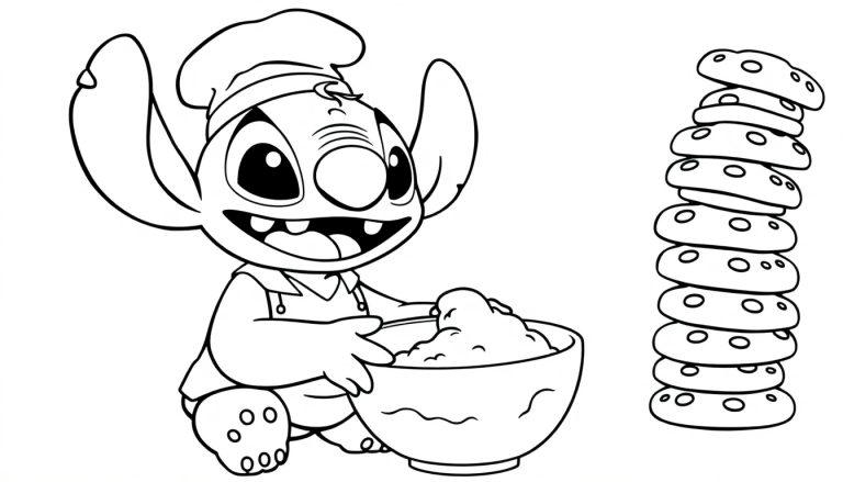 Kleurplaat van een vrolijk cartoonfiguurtje in bakkersoutfit met deegkom en toren van koekjes.