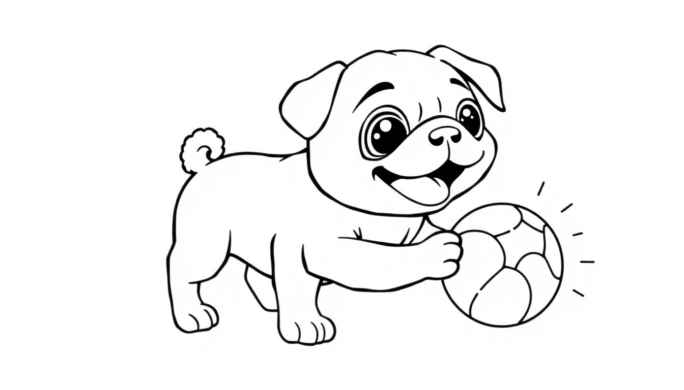 Een vrolijke mopshondpuppy speelt met een bal in een zwart-wit kleurplaat.