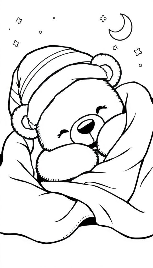 Kleurplaat van een slapende knuffelbeer met een slaapmuts, een deken en een nachtelijke achtergrond met maan en sterretjes.