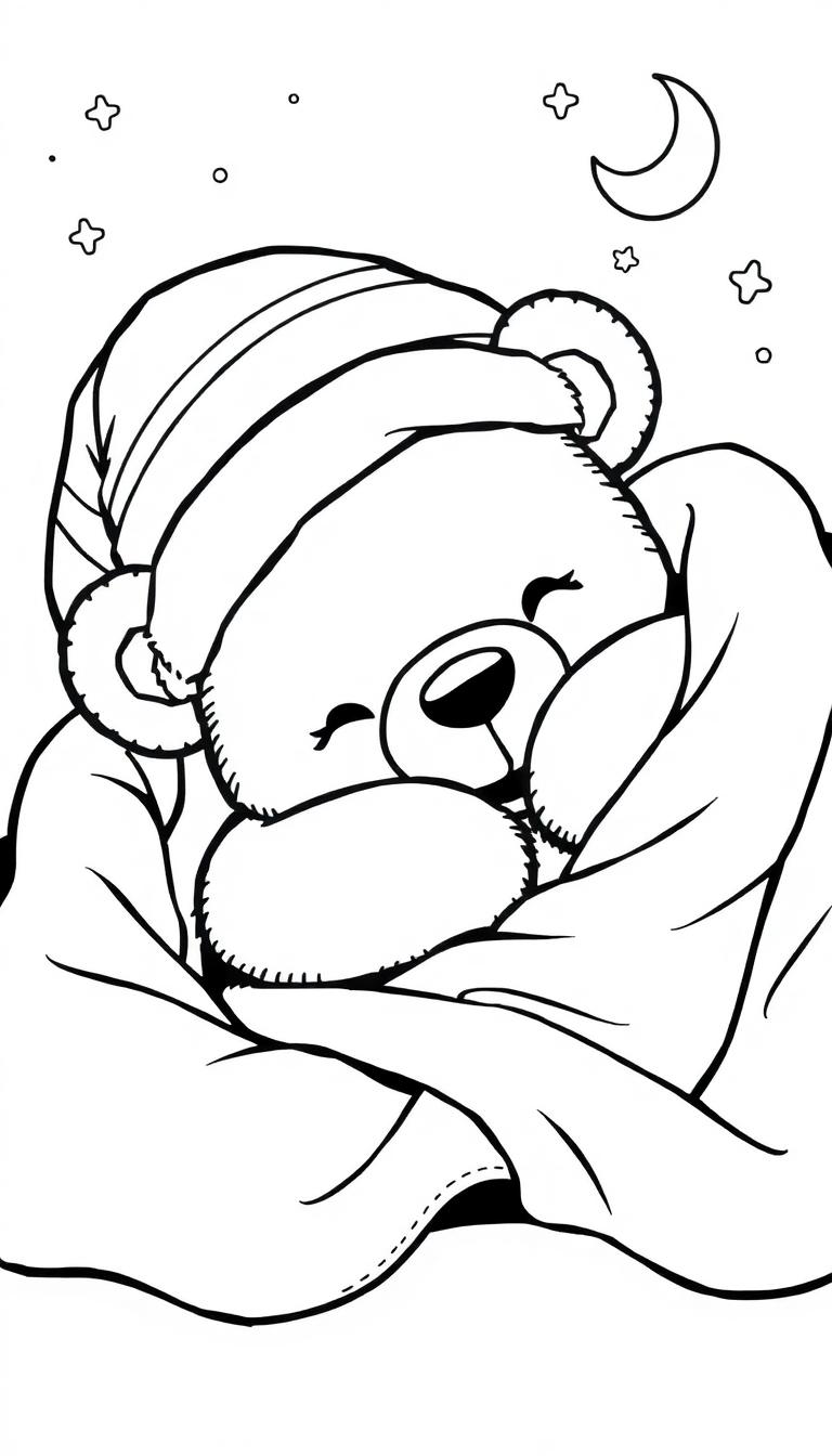 Kleurplaat van een slapende knuffelbeer met een slaapmuts, een deken en een nachtelijke achtergrond met maan en sterretjes.