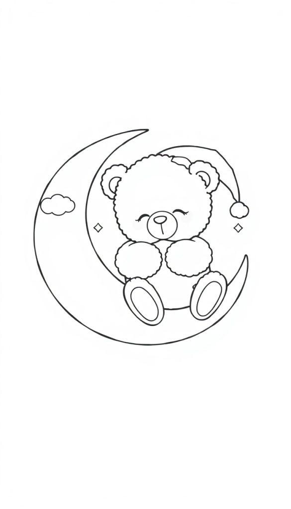Kleurplaat van een slapende teddybeer op een halve maan omringd door sterren en wolkjes.