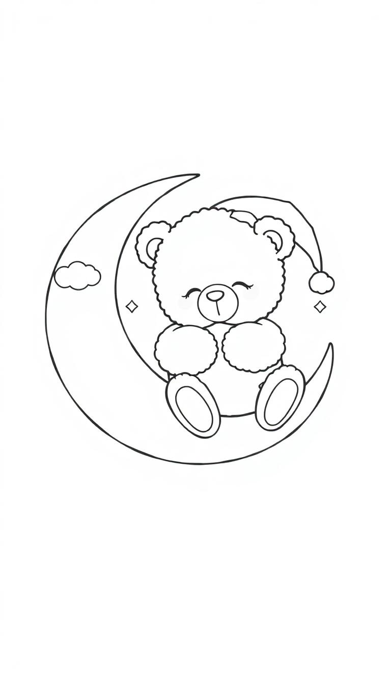 Kleurplaat van een slapende teddybeer op een halve maan omringd door sterren en wolkjes.
