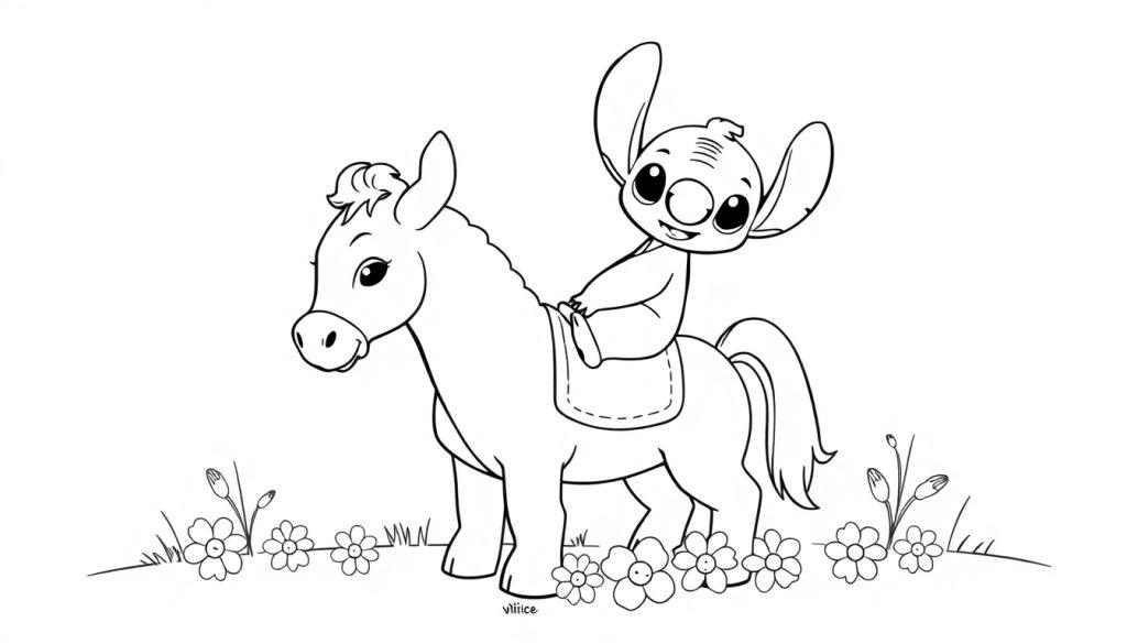 Zwart-wit kleurplaat van Stitch op een vrolijke pony in een grasveld met bloemen.