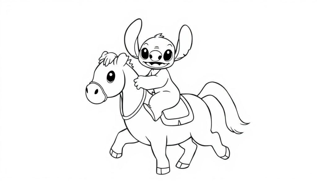 Kleurplaat van Stitch op een vrolijke pony met een brede glimlach.