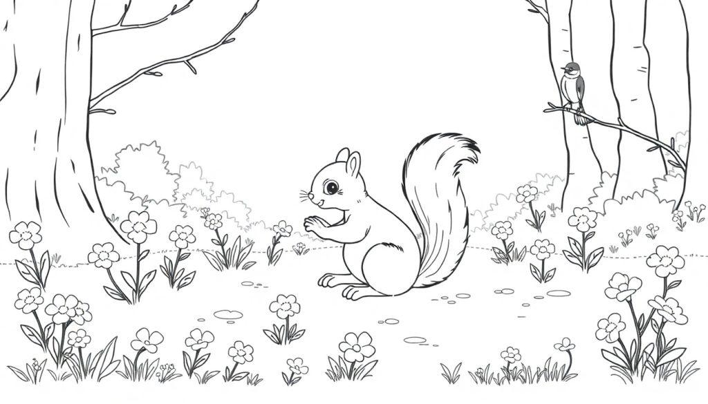Kleurplaat van een eekhoorn in het bos met bloemen, bomen en een vogel op een tak.