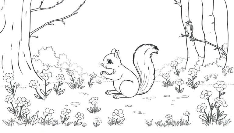 Kleurplaat van een eekhoorn in het bos met bloemen, bomen en een vogel op een tak.