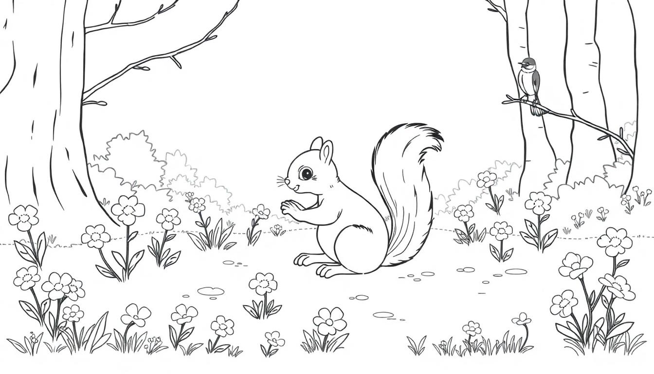 Kleurplaat van een eekhoorn in het bos met bloemen, bomen en een vogel op een tak.