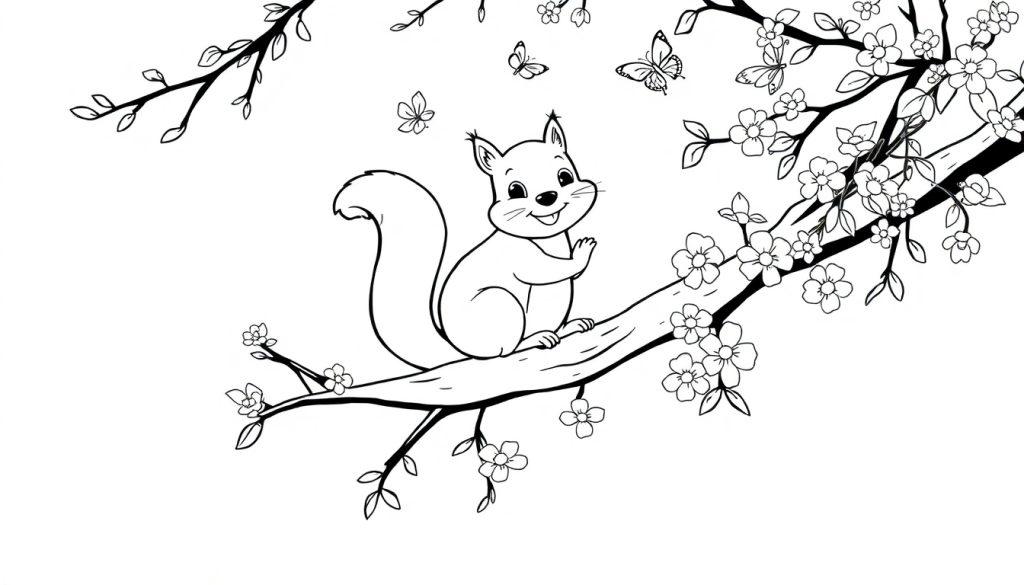 Kleurplaat van een vrolijke eekhoorn op een boomtak met bloemen en vlinders.