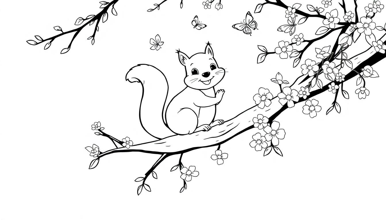 Kleurplaat van een vrolijke eekhoorn op een boomtak met bloemen en vlinders.