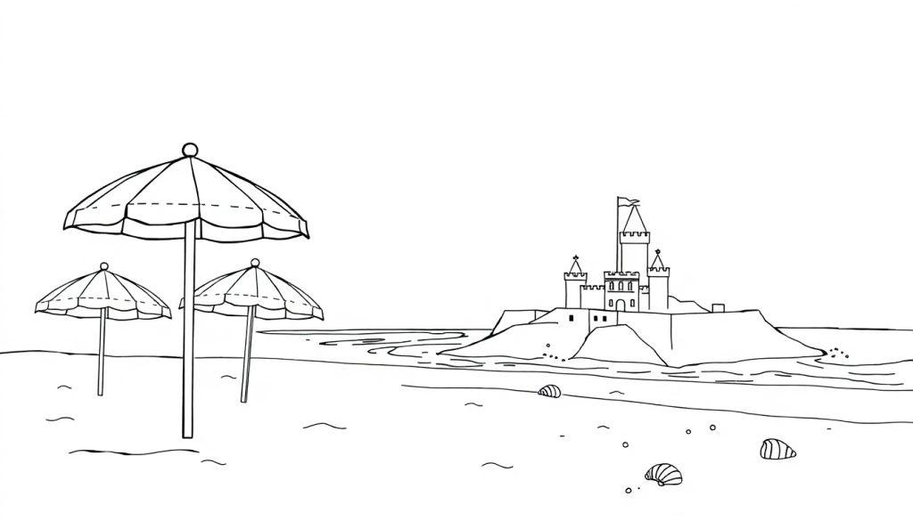 Kleurplaat van een strand met drie parasols, een zandkasteel en schelpen.