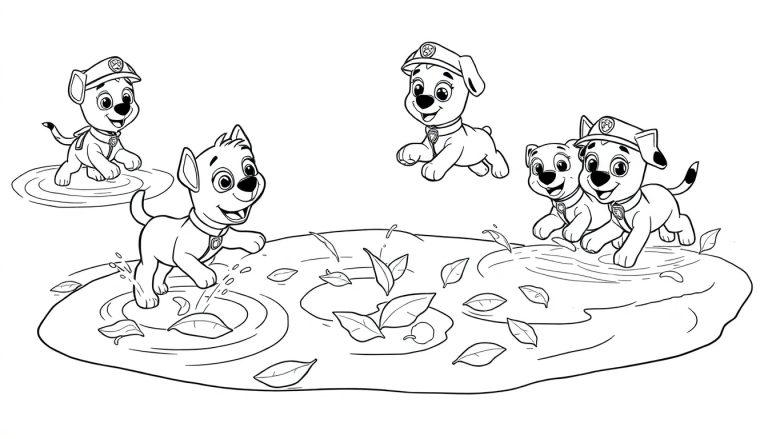 Kleurplaat van vier vrolijke tekenfilmhondjes die in een plas water spelen met opspattend water en herfstbladeren.