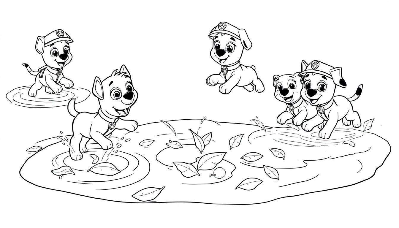 Kleurplaat van vier vrolijke tekenfilmhondjes die in een plas water spelen met opspattend water en herfstbladeren.