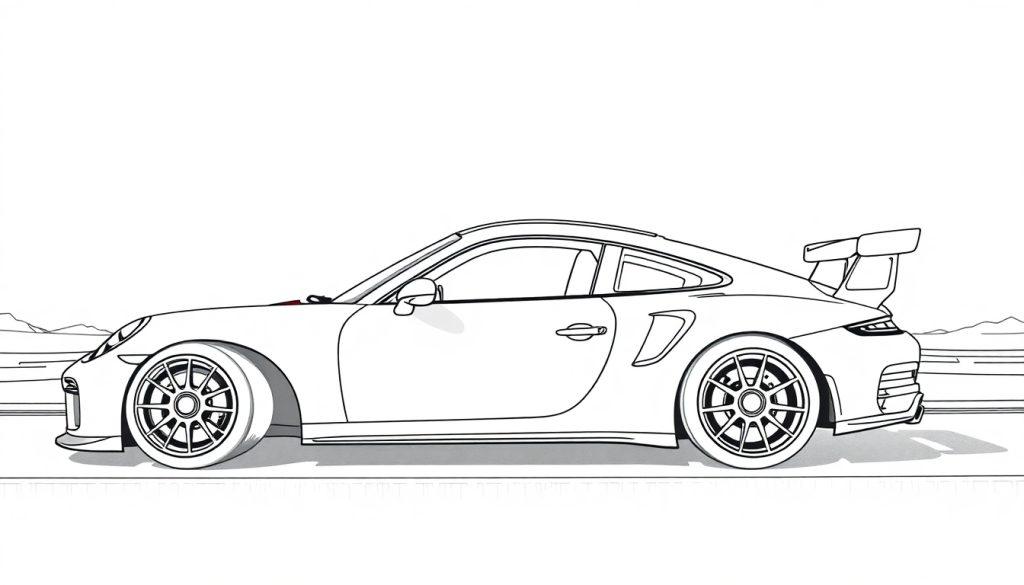 Kleurplaat van een snelle sportauto met een grote spoiler en bergen op de achtergrond.