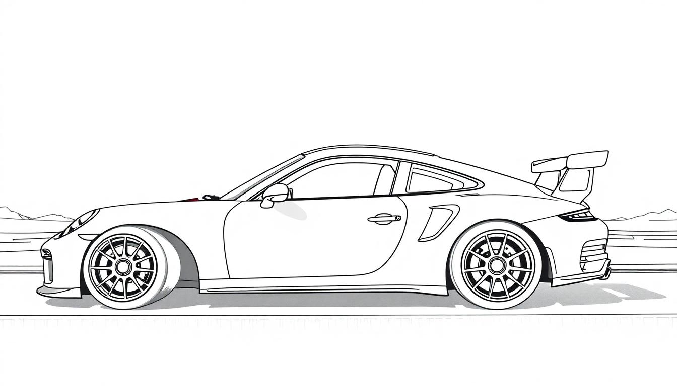 Kleurplaat van een snelle sportauto met een grote spoiler en bergen op de achtergrond.