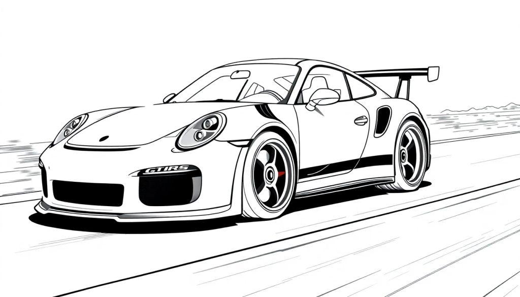 Zwart-wit kleurplaat van een snelle sportauto met opschrift 'GT1RS'.