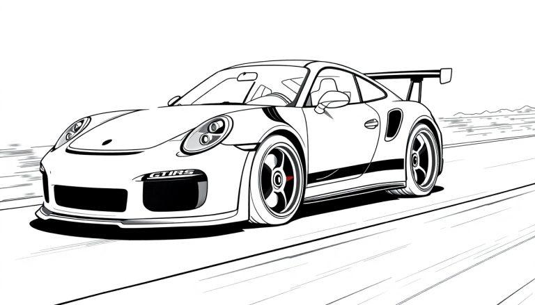 Zwart-wit kleurplaat van een snelle sportauto met opschrift 'GT1RS'.