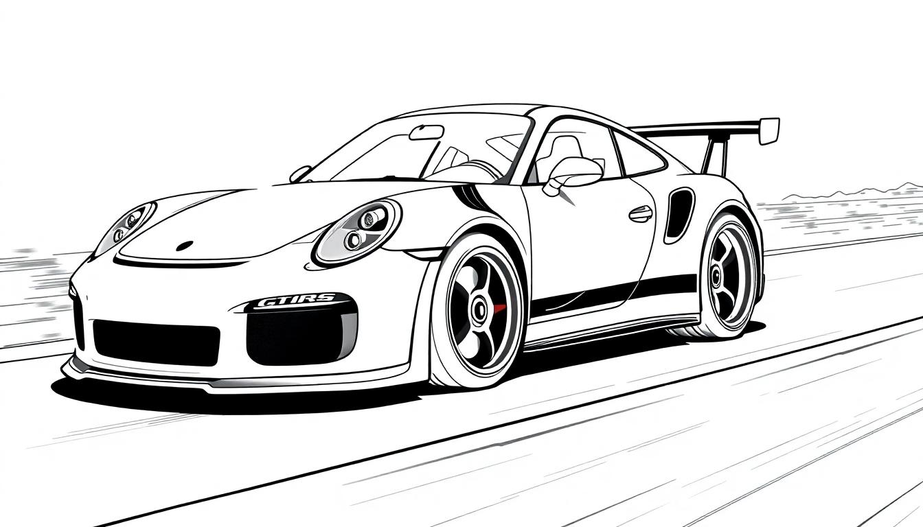 Zwart-wit kleurplaat van een snelle sportauto met opschrift 'GT1RS'.