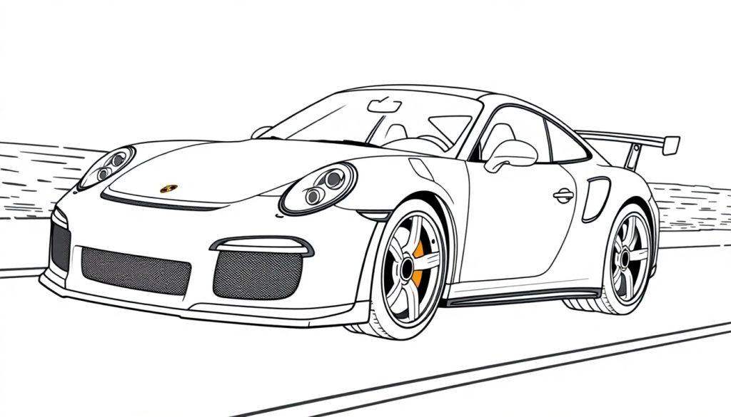 Zwart-wit kleurplaat van een snelle sportauto, een Porsche GT3 RS met brede voorkant, grote achterspoiler en opvallende wielen.