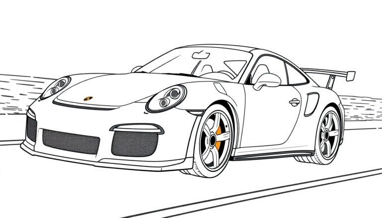 Zwart-wit kleurplaat van een snelle sportauto, een Porsche GT3 RS met brede voorkant, grote achterspoiler en opvallende wielen.