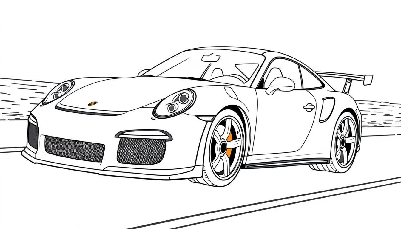 Zwart-wit kleurplaat van een snelle sportauto, een Porsche GT3 RS met brede voorkant, grote achterspoiler en opvallende wielen.