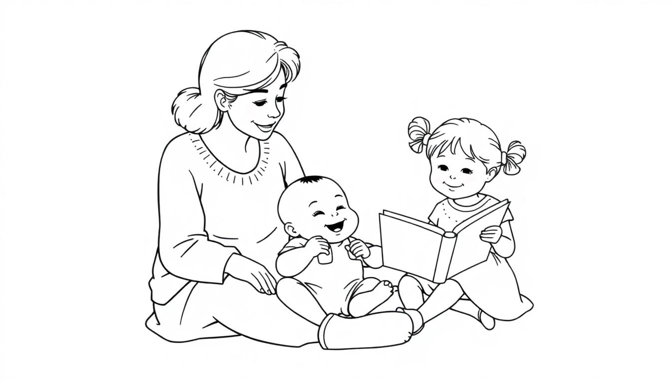 Zwart-witte lijntekening van een lachende oma met een kleutermeisje met vlechtjes en een baby op schoot. Ideaal als vrolijke kleurplaat.