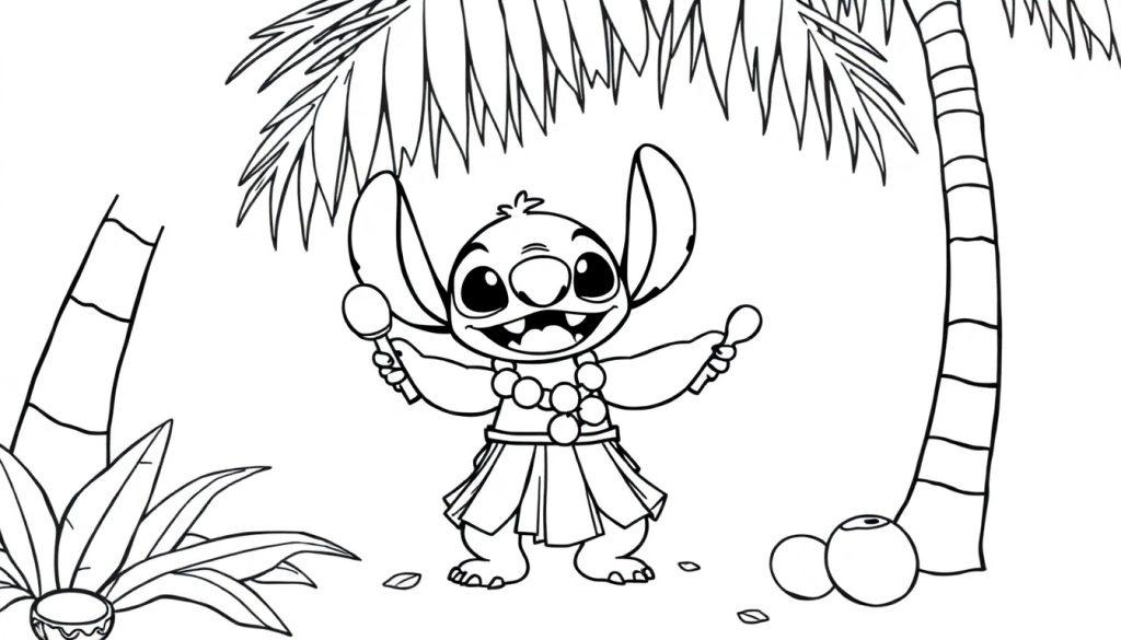 Cartoonfiguur (Stitch) in een kleurplaatstijl met een Hawaïaanse outfit, lachend onder een palmboom met maracas in handen.