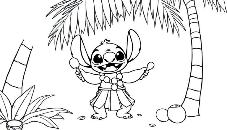 Cartoonfiguur (Stitch) in een kleurplaatstijl met een Hawaïaanse outfit, lachend onder een palmboom met maracas in handen.