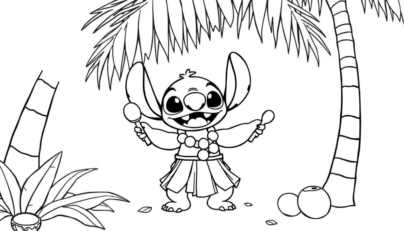 Cartoonfiguur (Stitch) in een kleurplaatstijl met een Hawaïaanse outfit, lachend onder een palmboom met maracas in handen.