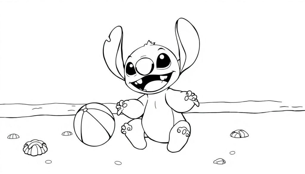 Kleurplaat van Stitch die vrolijk op het strand zit met een strandbal naast zich en schelpen en stenen om hem heen.