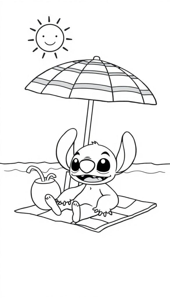 Kleurplaat van Stitch op het strand met een parasol, een drankje en de zee op de achtergrond.