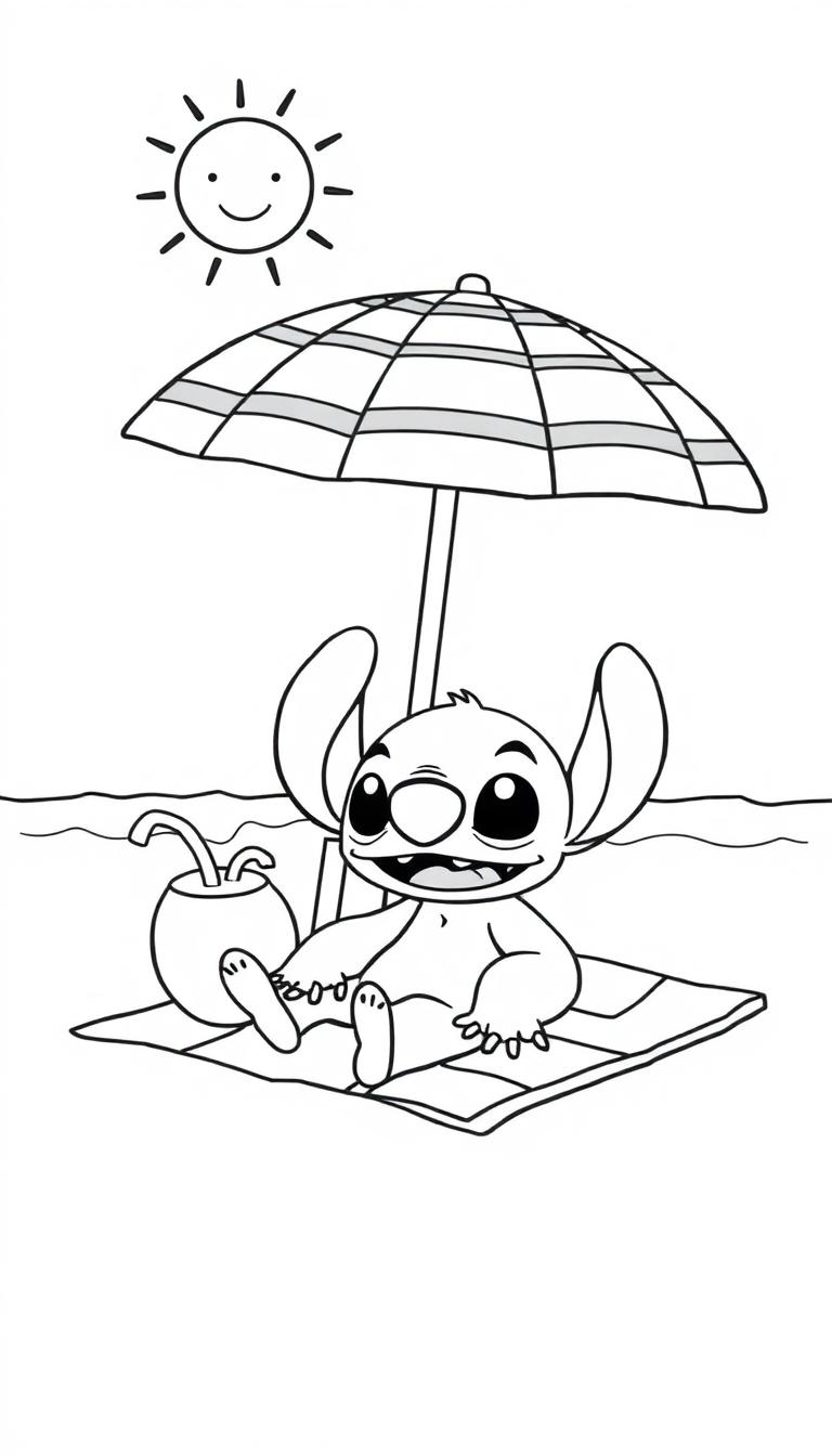 Kleurplaat van Stitch op het strand met een parasol, een drankje en de zee op de achtergrond.