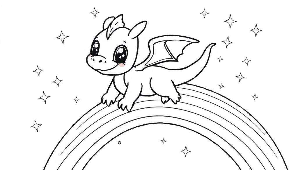 Kleurplaat van een schattige babydraak op een regenboog met sterren.