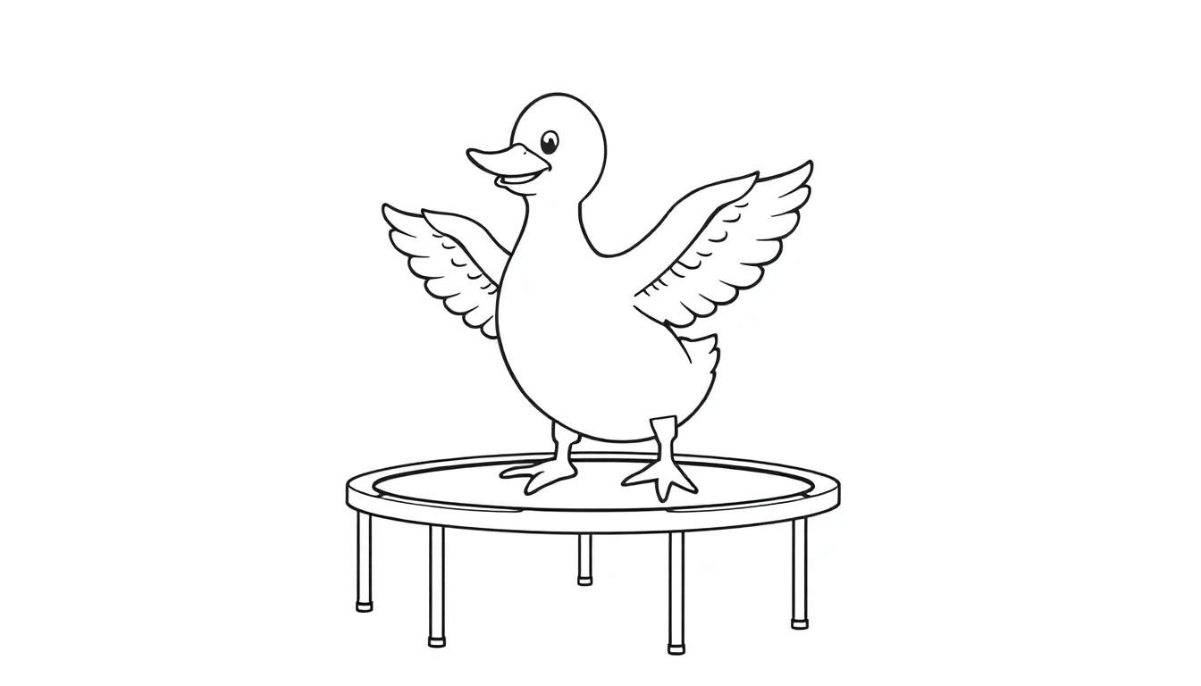 Kleurplaat van een blije cartoon eend die op een trampoline springt met open vleugels.