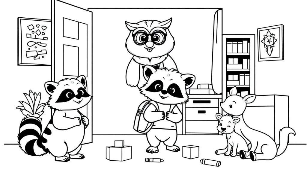 Zwart-wit kleurplaat van antropomorfe dieren die zich klaarmaken voor school.