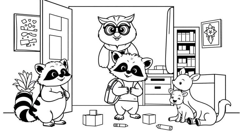 Zwart-wit kleurplaat van antropomorfe dieren die zich klaarmaken voor school.