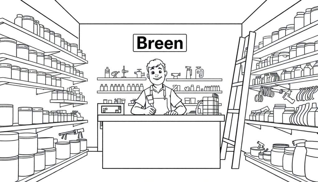 Kleurplaat van Breen, de gereedschaps winkel, met een vriendelijke winkelier.