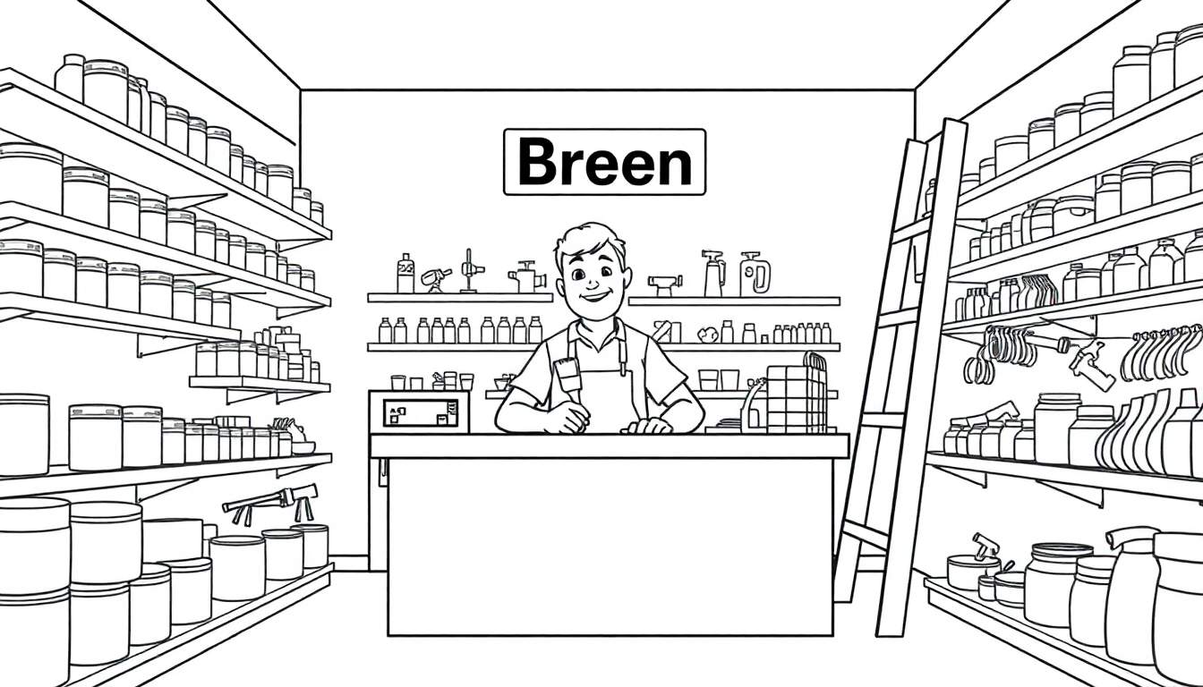 Kleurplaat van Breen, de gereedschaps winkel, met een vriendelijke winkelier.