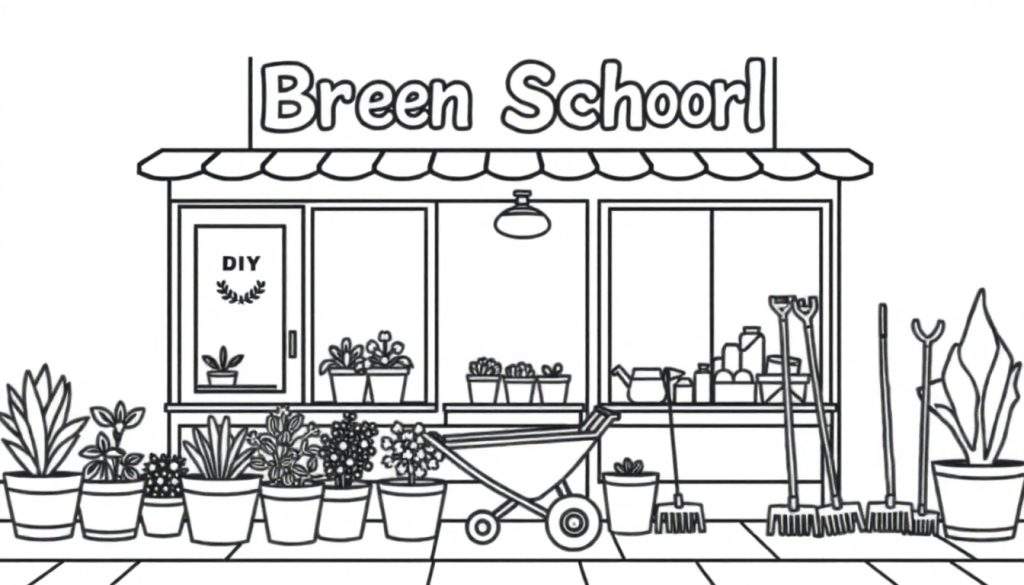 Kleurplaat van Breen Schoorl, een doe-het-zelf zaak met tuinartikelen.