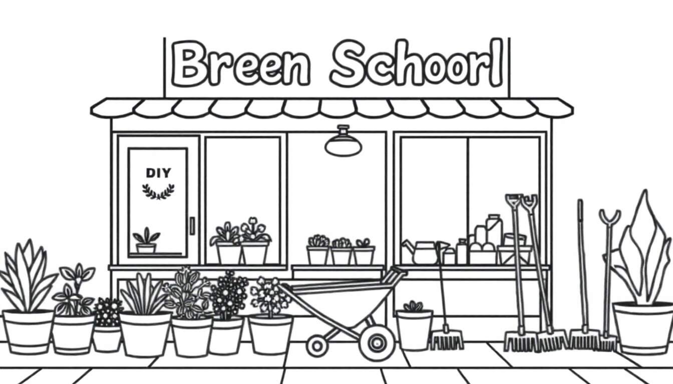 Kleurplaat van Breen Schoorl, een doe-het-zelf zaak met tuinartikelen.