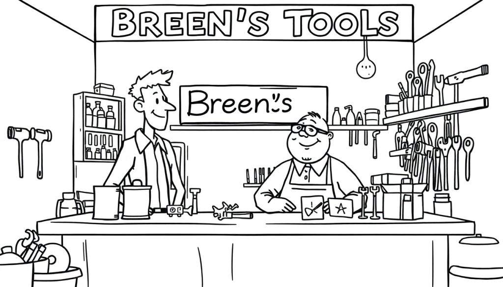 Kleurplaat van Breen's Tools met twee mannen achter de toonbank.