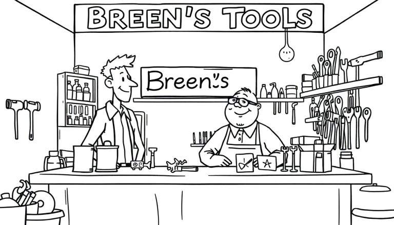 Kleurplaat van Breen's Tools met twee mannen achter de toonbank.