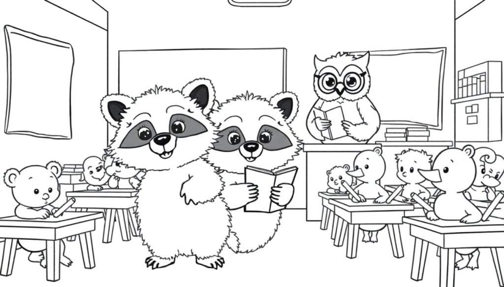 Kleurplaat van een klaslokaal met dieren die leren, met een uil als leraar.