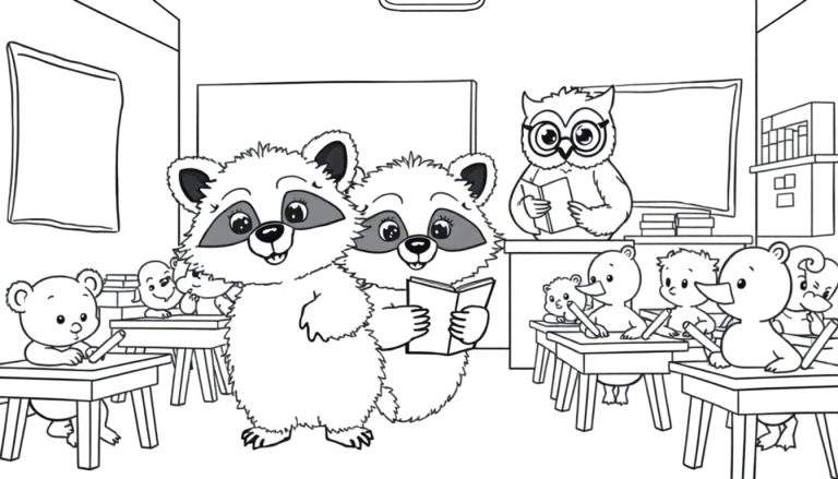 Kleurplaat van een klaslokaal met dieren die leren, met een uil als leraar.