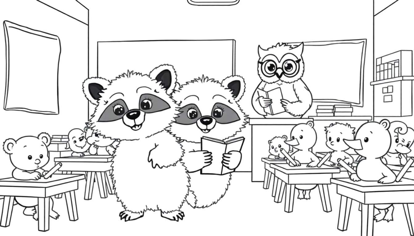 Kleurplaat van een klaslokaal met dieren die leren, met een uil als leraar.