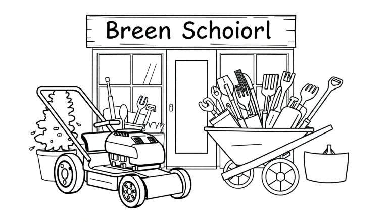 Kleurplaat van de tuinwinkel Breen Schoorl met een grasmaaier, kruiwagen en tuingereedschap.