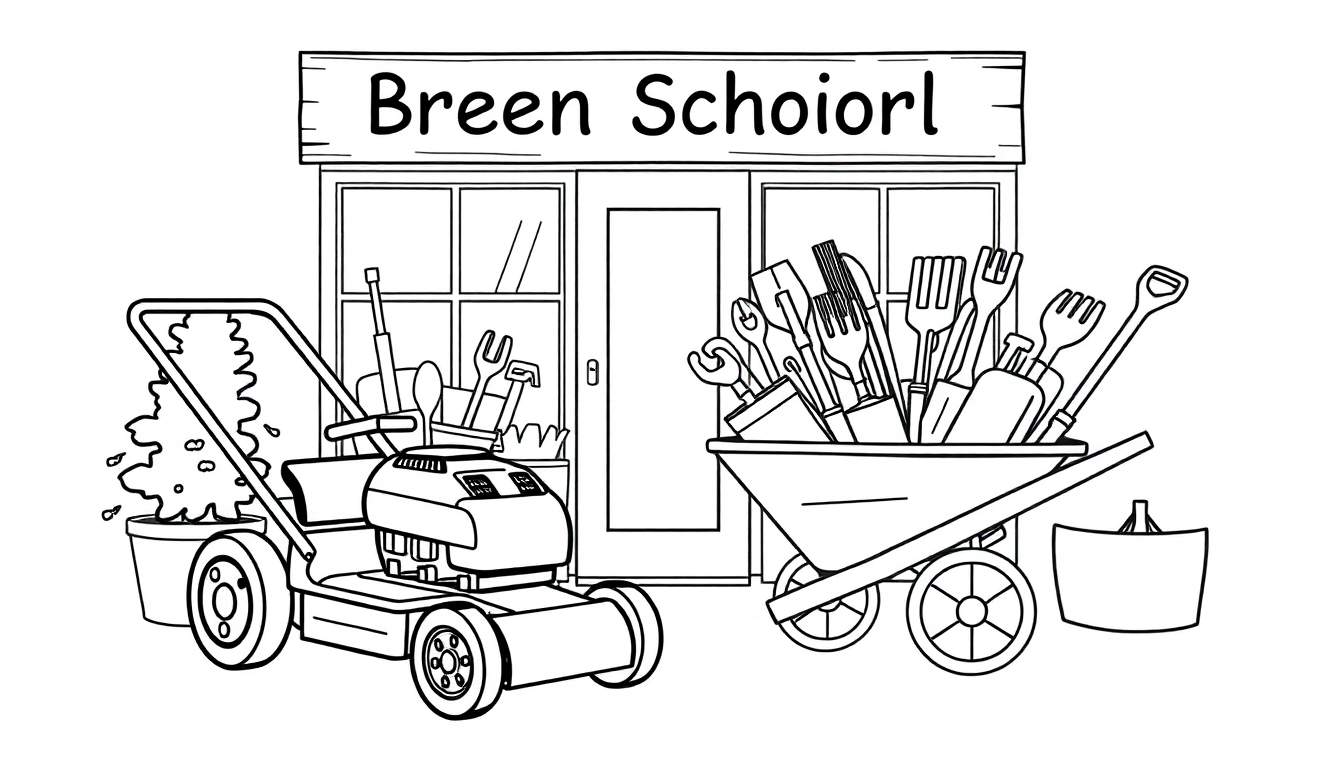 Kleurplaat van de tuinwinkel Breen Schoorl met een grasmaaier, kruiwagen en tuingereedschap.