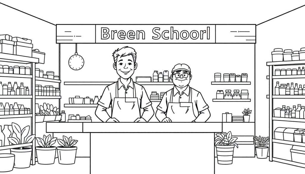 Kleurplaat van Breen Schoorl, een doe-het-zelfwinkel met twee vrolijke medewerkers achter de toonbank.