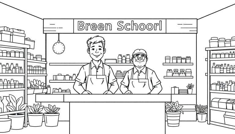 Kleurplaat van Breen Schoorl, een doe-het-zelfwinkel met twee vrolijke medewerkers achter de toonbank.