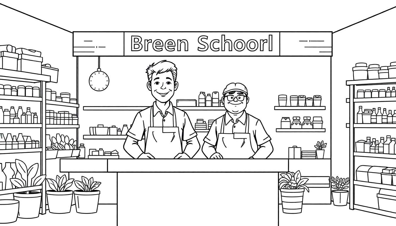 Kleurplaat van Breen Schoorl, een doe-het-zelfwinkel met twee vrolijke medewerkers achter de toonbank.