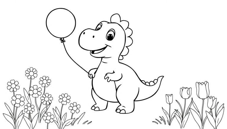 Zwart-wit kleurplaat van een schattige cartoon dinosaurus met een ballon, omringd door madeliefjes en tulpen.